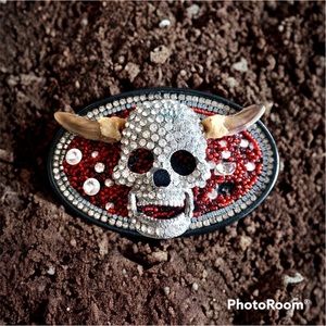 3d crystal glass rhinestones skull skeleton belt buckle brass badger claws horns